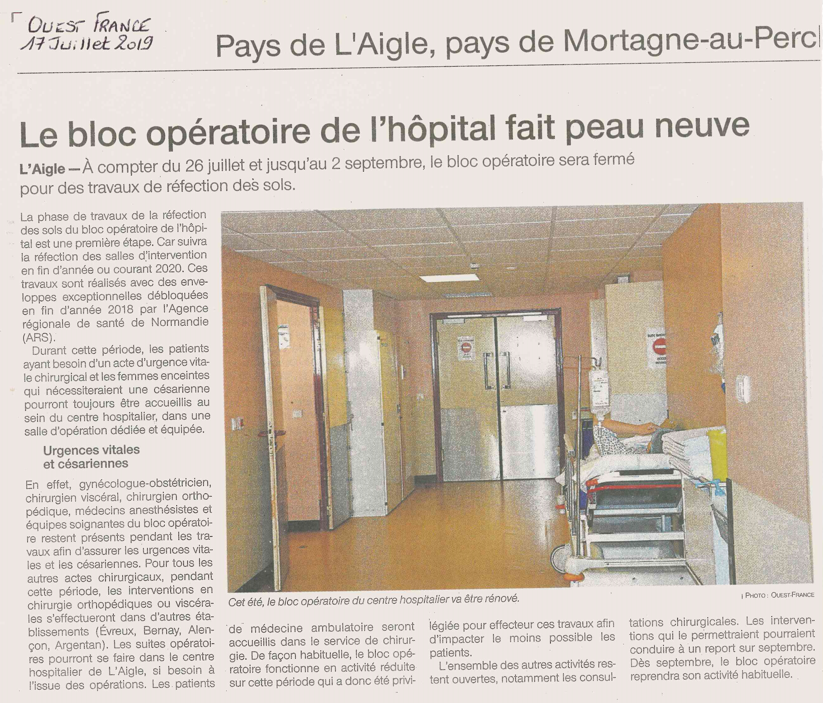 Ouest France du 17 07 2019 Rénovation Bloc opératoire