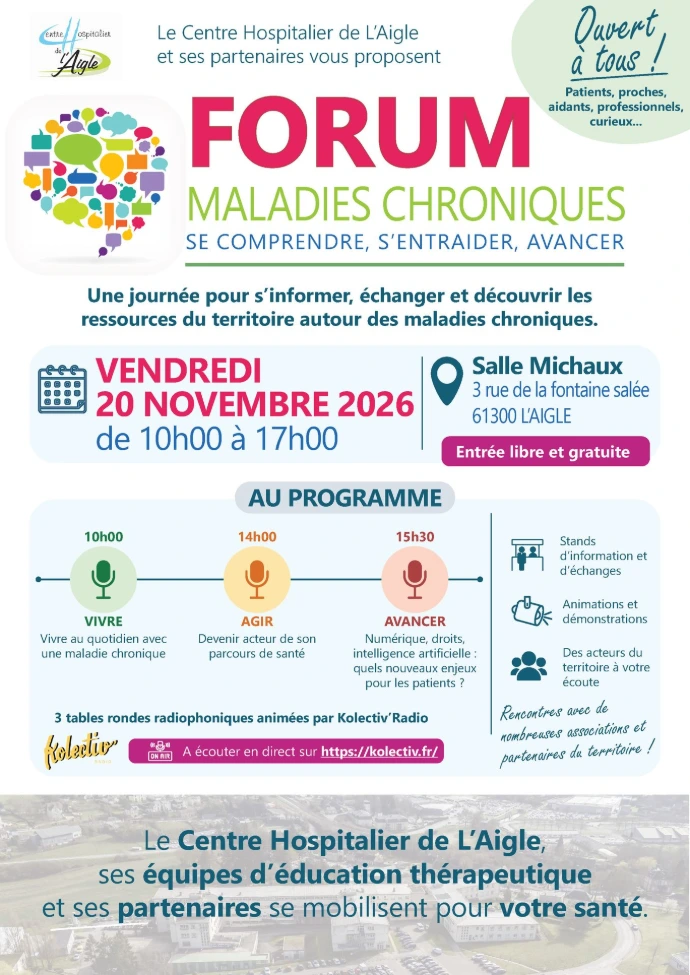 Affiche du Forum Maladies Chroniques organisé par le Centre Hospitalier de L'Aigle le 20 novembre 2026